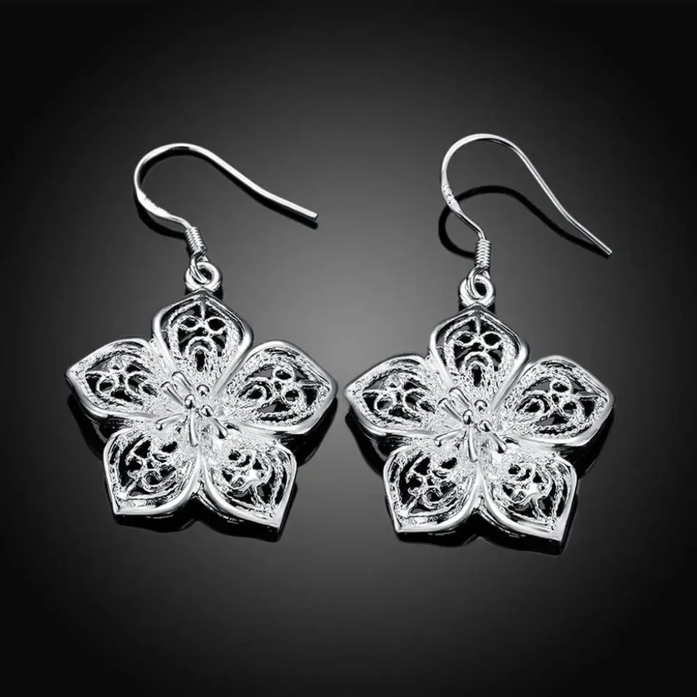 Gorgeous 3D Flower .925 Sterling Silver Hanging Earrings " Hypoallergenic " - Picture 5 of 8